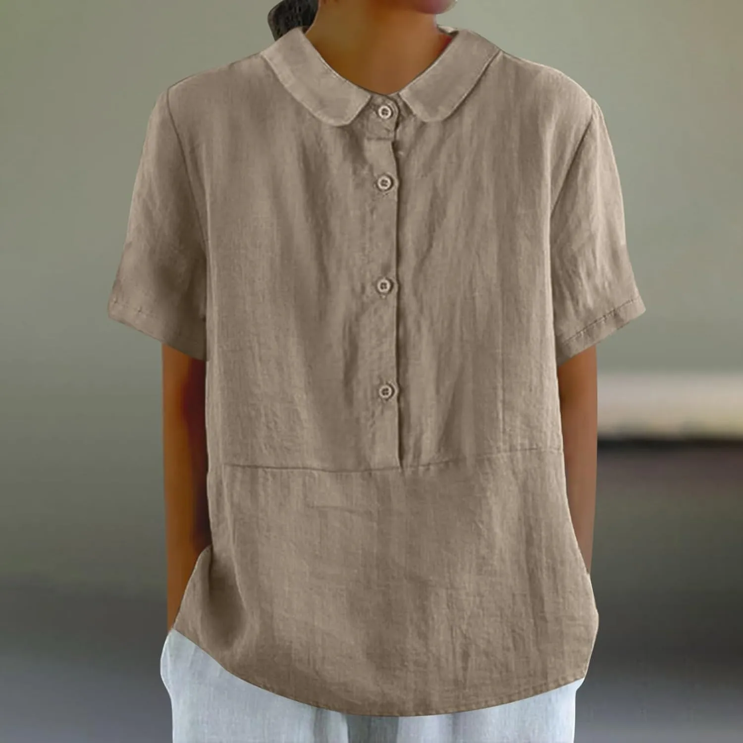 Women's Cotton Linen Boho Shirts Floral Summer Short Sleeve Top Lapel Button Neck Dressy Casual Loose Comfy Blouses