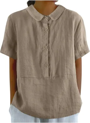 Women's Cotton Linen Boho Shirts Floral Summer Short Sleeve Top Lapel Button Neck Dressy Casual Loose Comfy Blouses