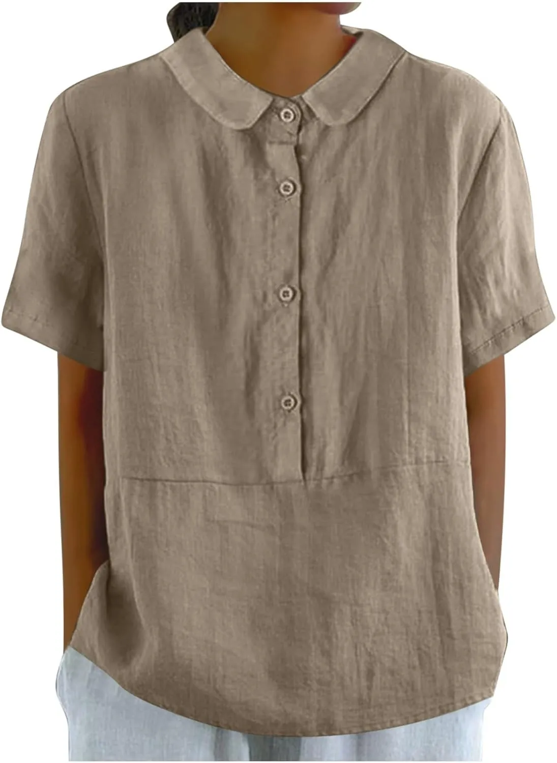 Women's Cotton Linen Boho Shirts Floral Summer Short Sleeve Top Lapel Button Neck Dressy Casual Loose Comfy Blouses