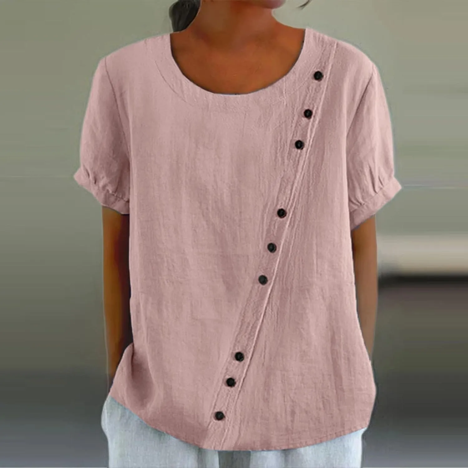 Women's Cotton Linen Boho Shirts Floral Summer Short Sleeve Top Lapel Button Neck Dressy Casual Loose Comfy Blouses