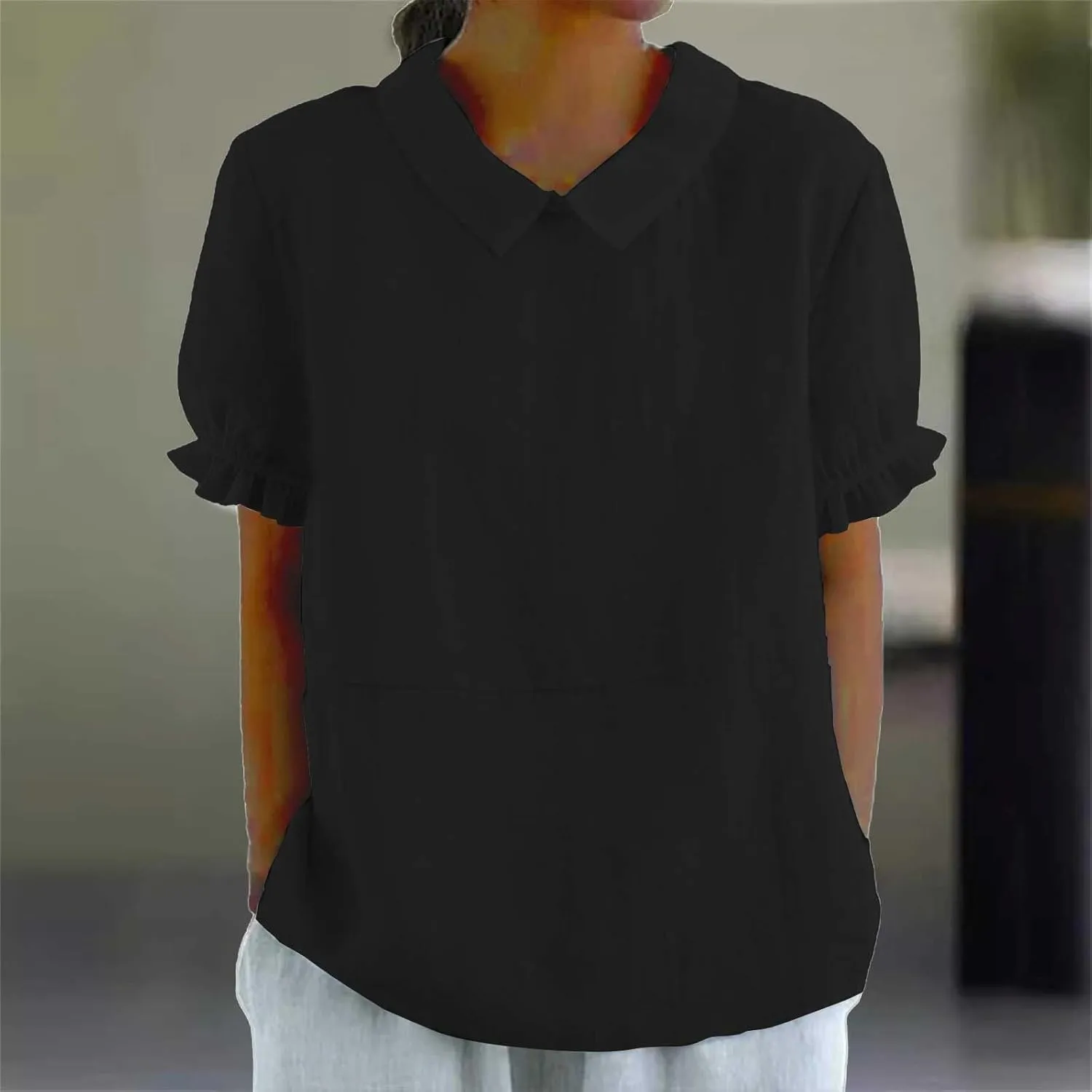 Women's Cotton Linen Boho Shirts Floral Summer Short Sleeve Top Lapel Button Neck Dressy Casual Loose Comfy Blouses