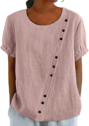 Women's Cotton Linen Boho Shirts Floral Summer Short Sleeve Top Lapel Button Neck Dressy Casual Loose Comfy Blouses
