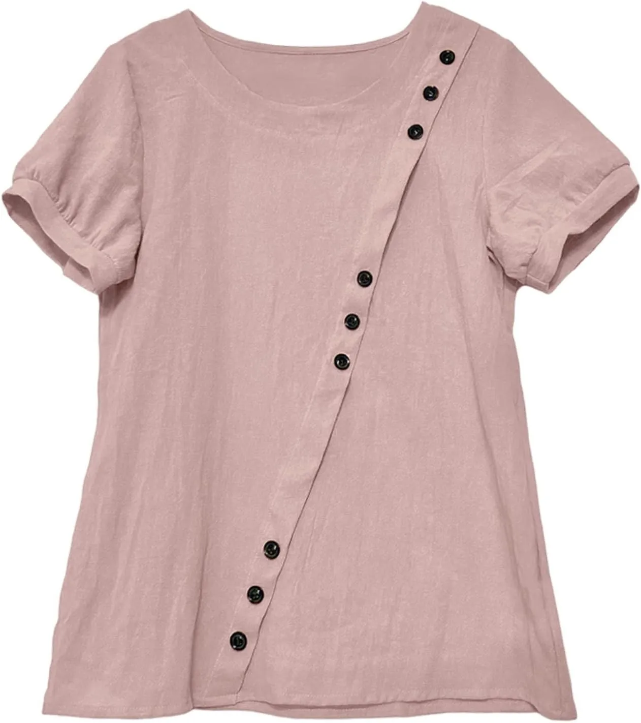 Women's Cotton Linen Boho Shirts Floral Summer Short Sleeve Top Lapel Button Neck Dressy Casual Loose Comfy Blouses