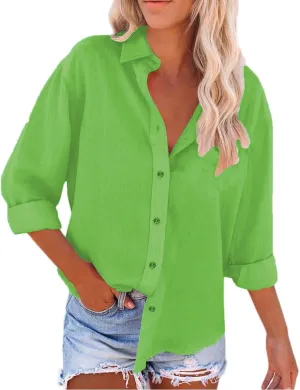 Women's Cotton Linen Henley Shirts Women's Spring Autumn Casual Double Pocket Short Loose Fit Fashion Trendy Clothes