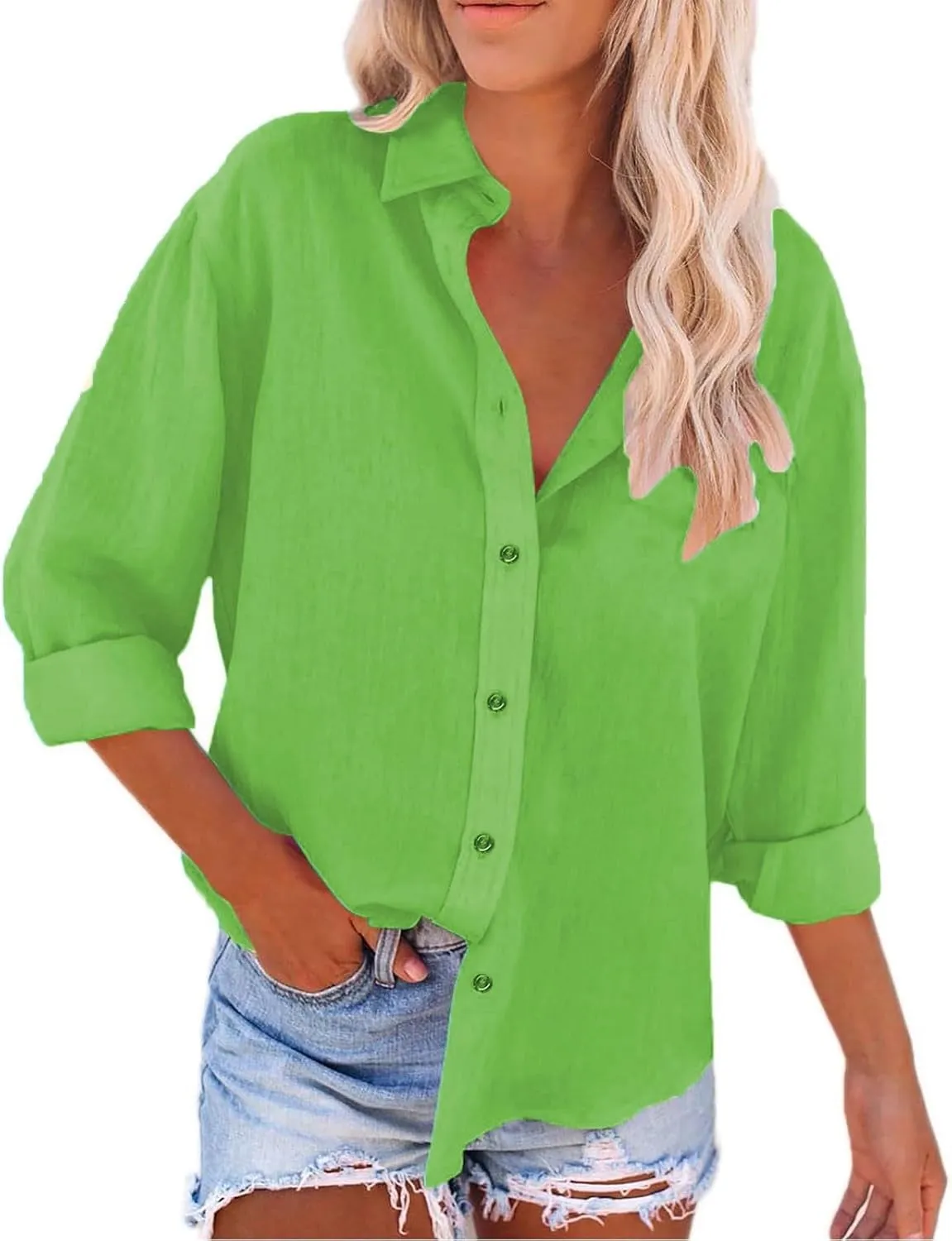 Women's Cotton Linen Henley Shirts Women's Spring Autumn Casual Double Pocket Short Loose Fit Fashion Trendy Clothes