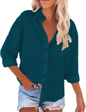 Women's Cotton Linen Henley Shirts Women's Spring Autumn Casual Double Pocket Short Loose Fit Fashion Trendy Clothes