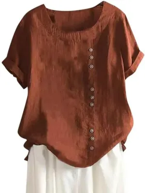 Women's Cotton Linen Shirts Short Sleeve Crewneck Blouse Button Casual Loose Fit T Shirt Tunic Tops for Summer
