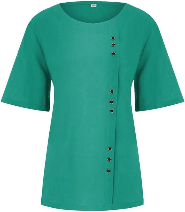 Women's Cotton Linen Shirts Short Sleeve Crewneck Blouse Button Casual Loose Fit T Shirt Tunic Tops for Summer