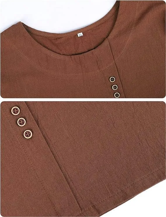 Women's Cotton Linen Shirts Short Sleeve Crewneck Blouse Button Casual Loose Fit T Shirt Tunic Tops for Summer