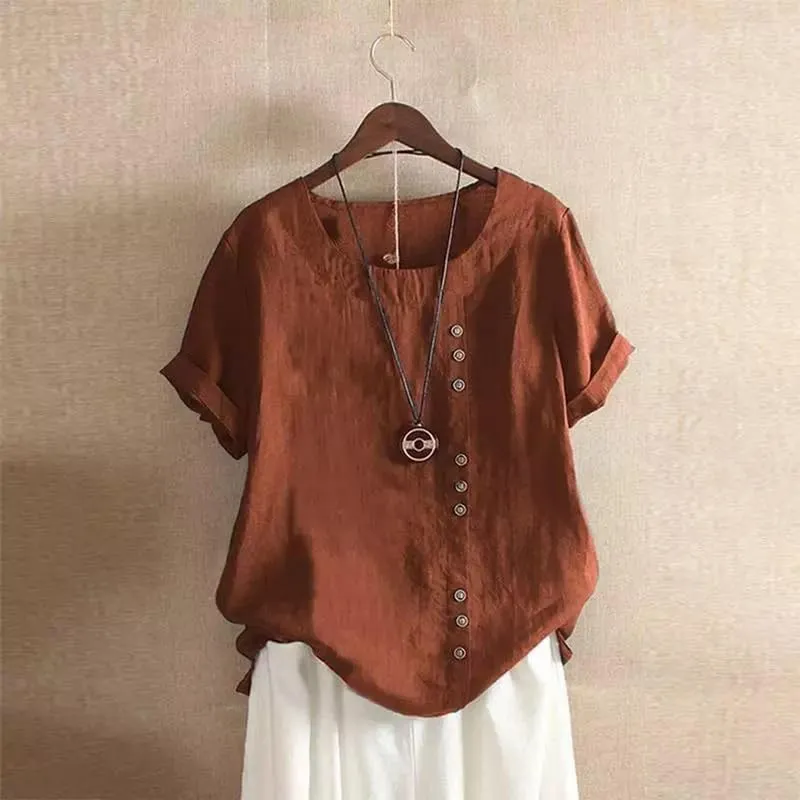 Women's Cotton Linen Shirts Short Sleeve Crewneck Blouse Button Casual Loose Fit T Shirt Tunic Tops for Summer