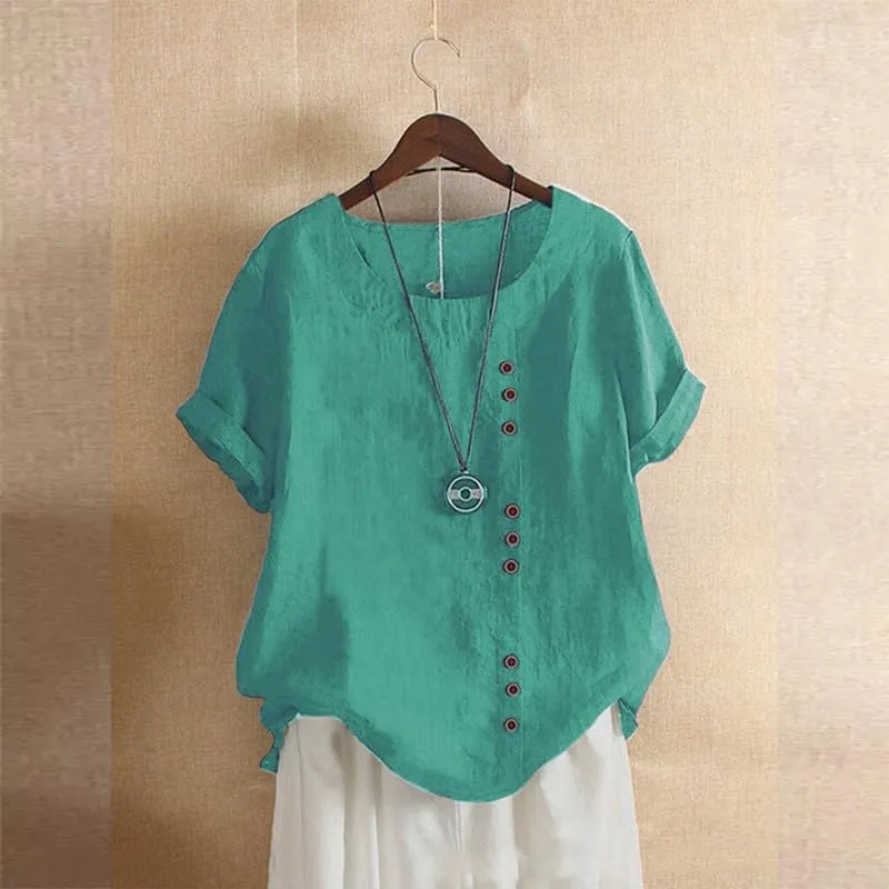 Women's Cotton Linen Shirts Short Sleeve Crewneck Blouse Button Casual Loose Fit T Shirt Tunic Tops for Summer