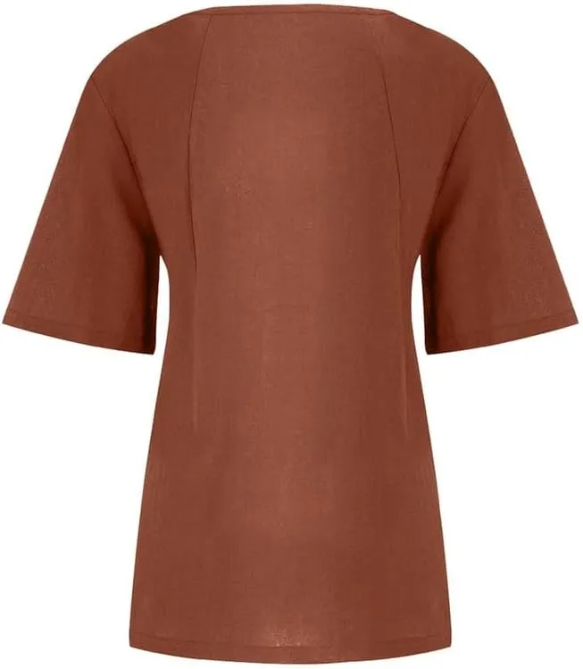 Women's Cotton Linen Shirts Short Sleeve Crewneck Blouse Button Casual Loose Fit T Shirt Tunic Tops for Summer