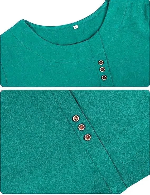Women's Cotton Linen Shirts Short Sleeve Crewneck Blouse Button Casual Loose Fit T Shirt Tunic Tops for Summer