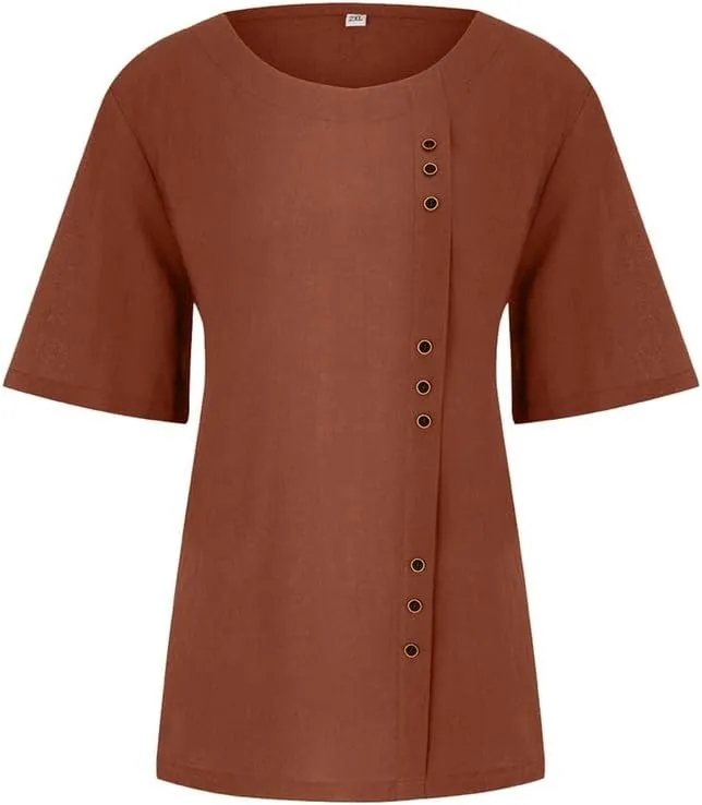 Women's Cotton Linen Shirts Short Sleeve Crewneck Blouse Button Casual Loose Fit T Shirt Tunic Tops for Summer