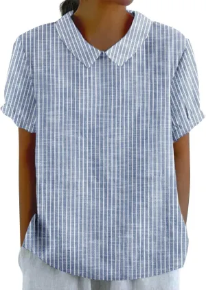 Womens Cotton Linen Short Sleeve T Shirts Casual Ruffled Trim Blouses Summer Cute Solid Tops Tunic Tee