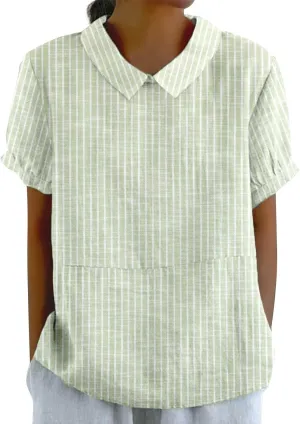 Womens Cotton Linen Short Sleeve T Shirts Casual Ruffled Trim Blouses Summer Cute Solid Tops Tunic Tee