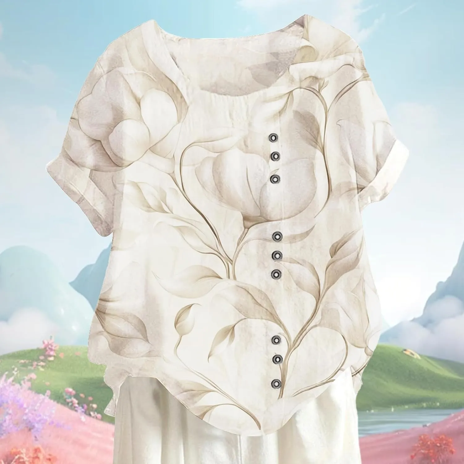 Women's Cotton Linen Tops Floral Short Sleeve Crewneck Boho Tunic Top Casual Loose Vacation T Shirt