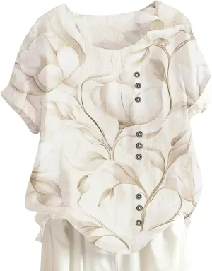 Women's Cotton Linen Tops Floral Short Sleeve Crewneck Boho Tunic Top Casual Loose Vacation T Shirt