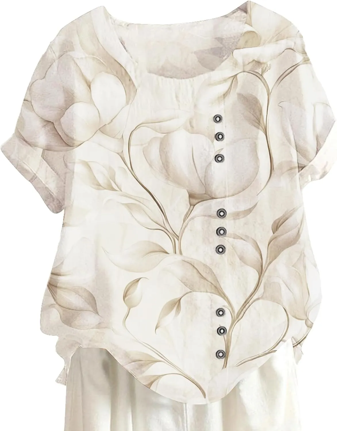 Women's Cotton Linen Tops Floral Short Sleeve Crewneck Boho Tunic Top Casual Loose Vacation T Shirt