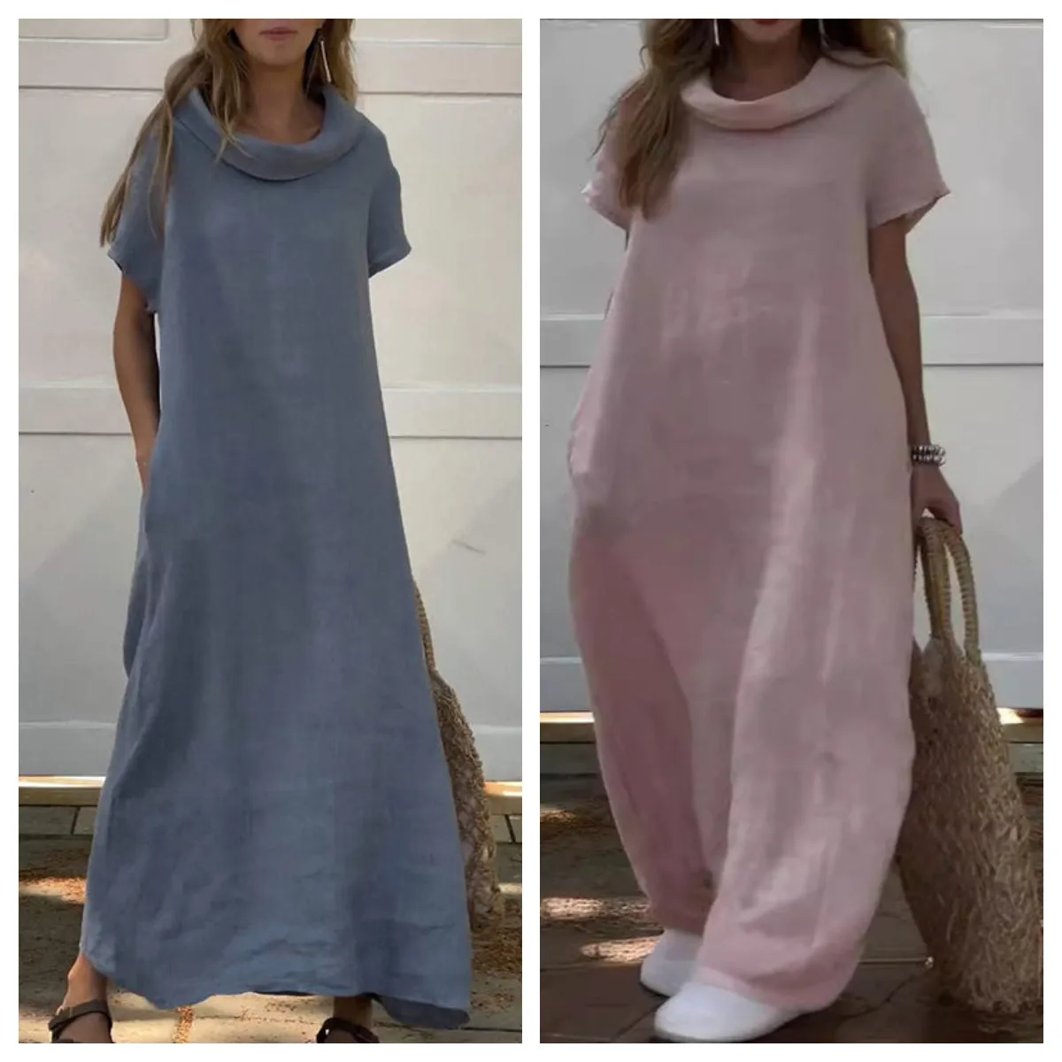 Womens Cowl Neck Cotton and Linen Casual Dress