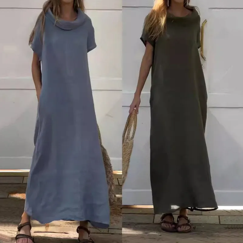 Womens Cowl Neck Cotton and Linen Casual Dress