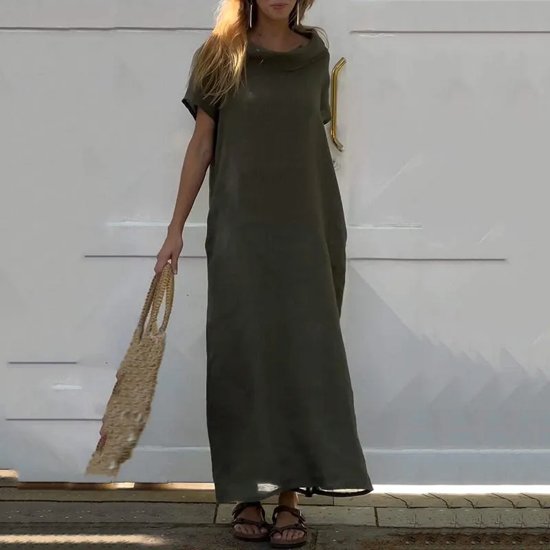 Womens Cowl Neck Cotton and Linen Casual Dress
