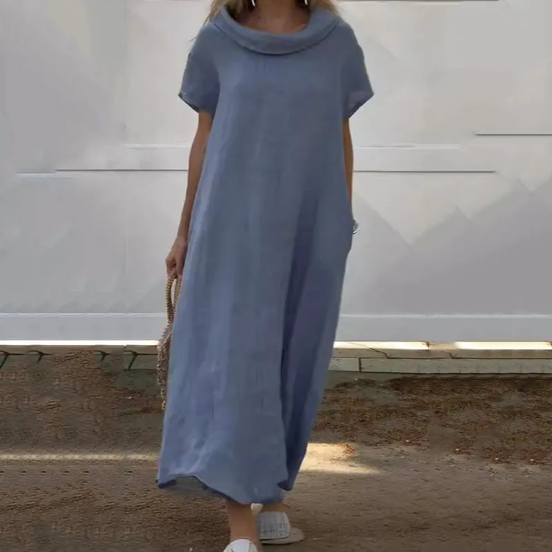 Womens Cowl Neck Cotton and Linen Casual Dress