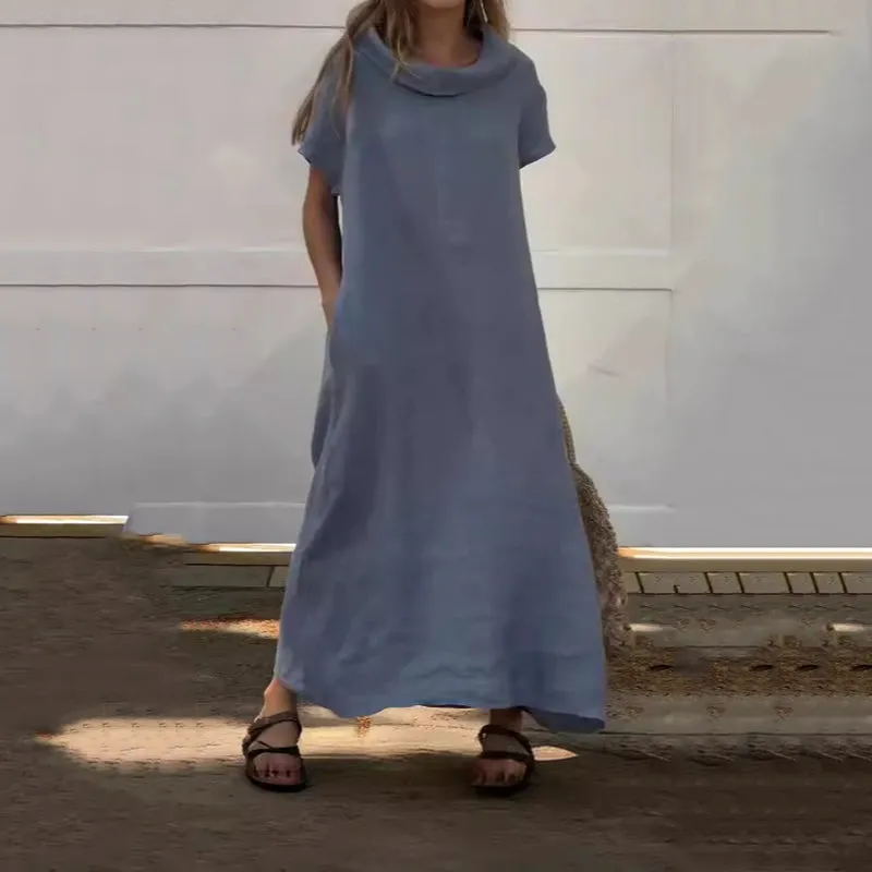 Womens Cowl Neck Cotton and Linen Casual Dress