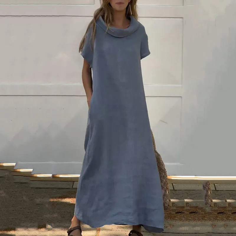 Womens Cowl Neck Cotton and Linen Casual Dress