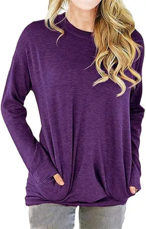 Womens Crewneck Long Sleeve Sweatshirts Casual Pullover Tops Loose Shirt with Pockets