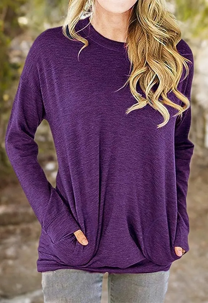 Womens Crewneck Long Sleeve Sweatshirts Casual Pullover Tops Loose Shirt with Pockets