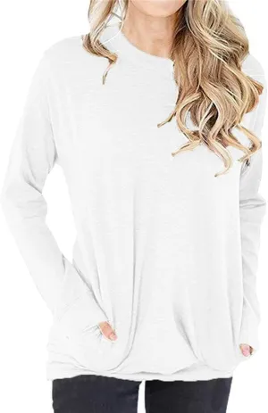 Womens Crewneck Long Sleeve Sweatshirts Casual Pullover Tops Loose Shirt with Pockets