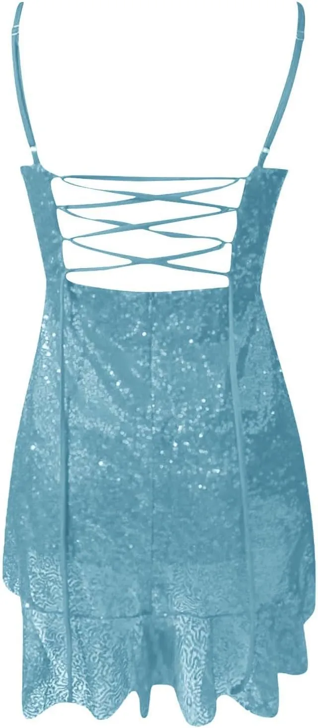 Women's Elegant Back Strap Lace Glitter Cocktail Dress with Leaf Edge Sleeveless Design for Party Evening
