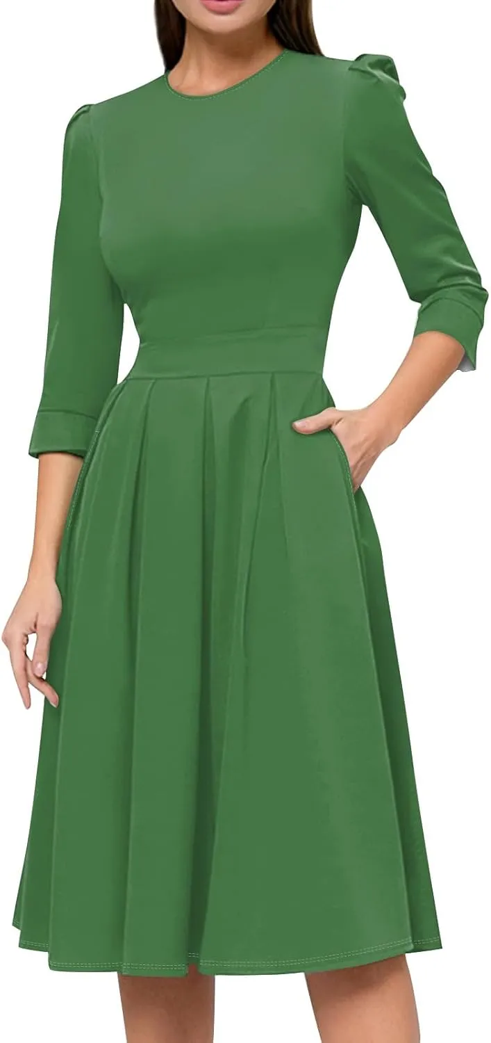 Women's Fall Casual Long Sleeve Crew Neck Printed Back Zipper Dress with Pockets