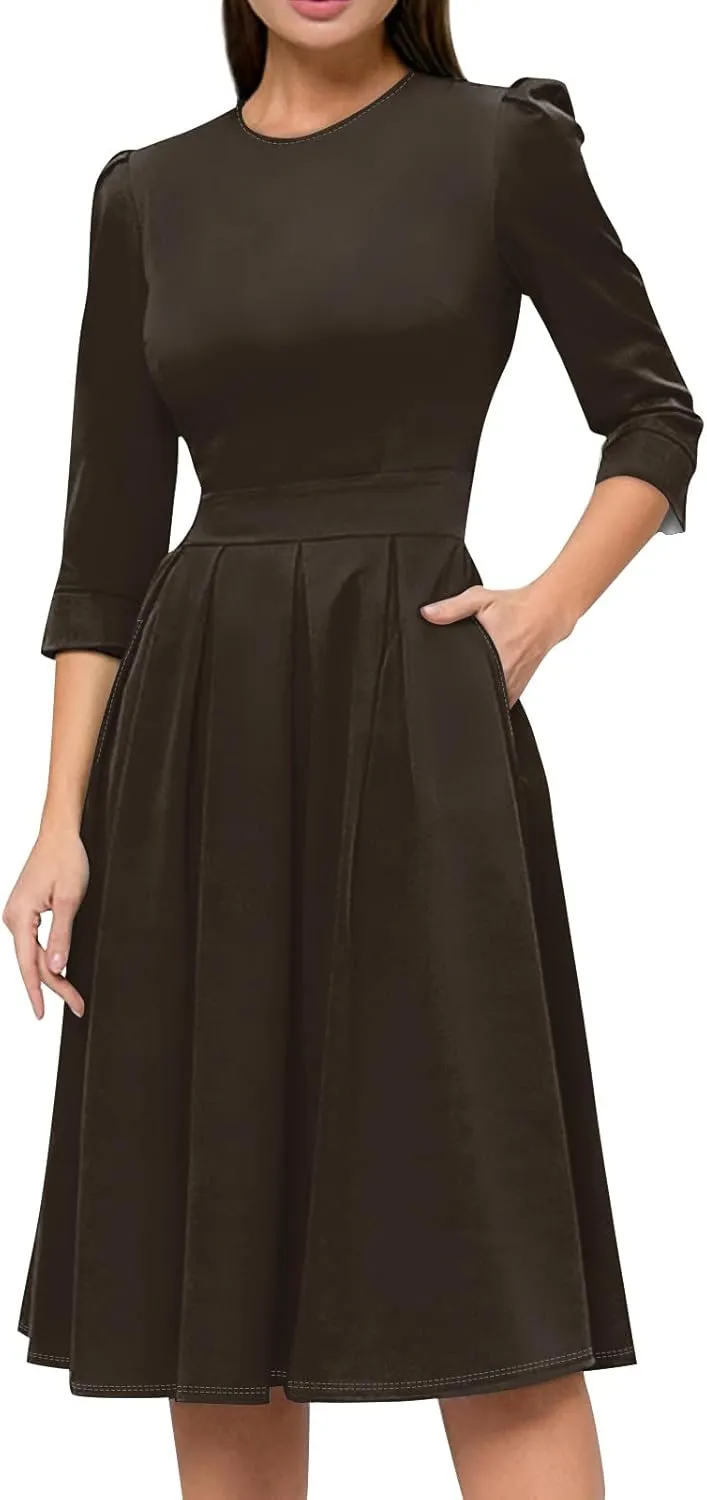 Women's Fall Casual Long Sleeve Crew Neck Printed Back Zipper Dress with Pockets