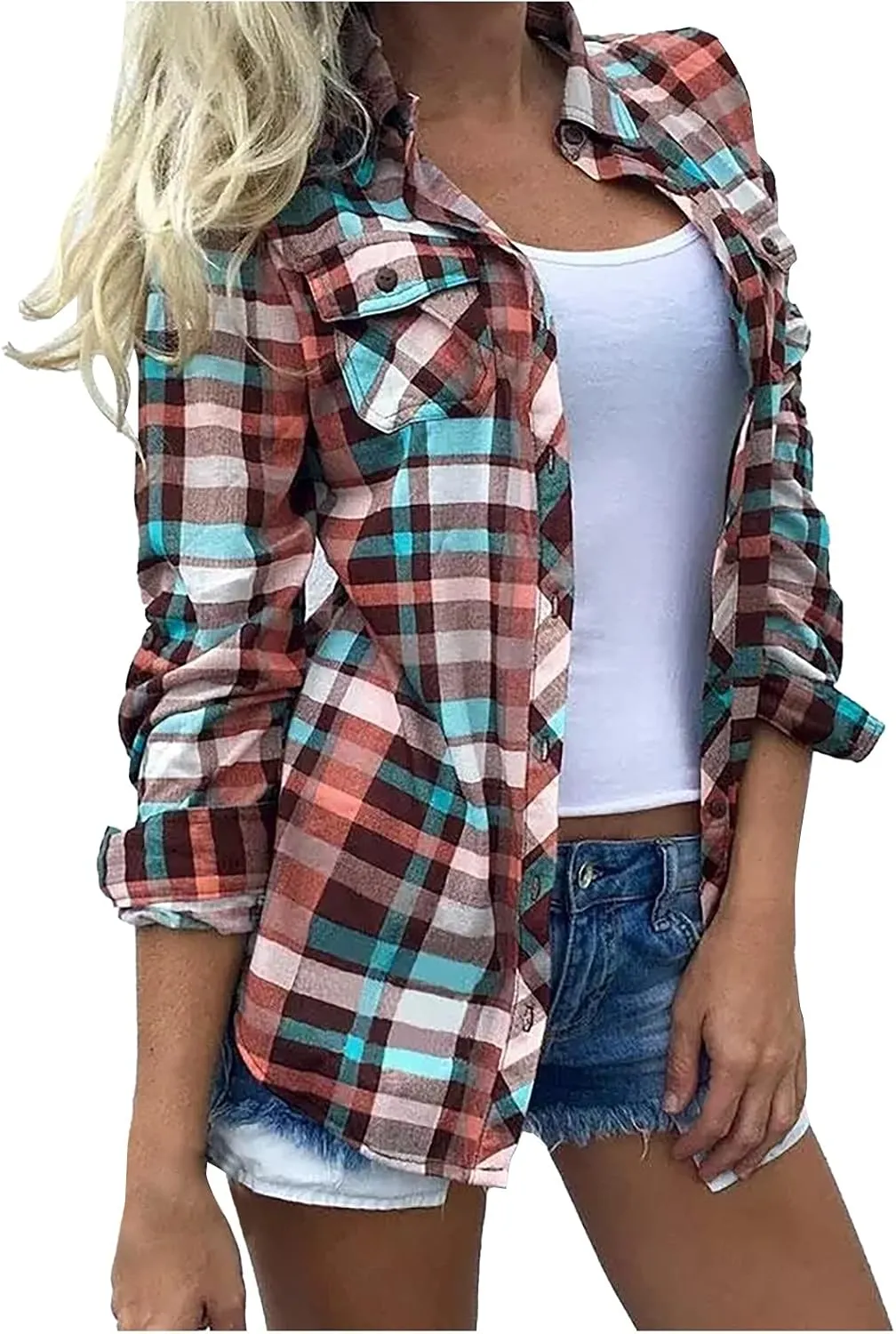 Womens Fashion Shirts Plaid Color Block Lapel Collar Roll Up Long Sleeve Button Cardigan Loose Fit Work Party Blouse