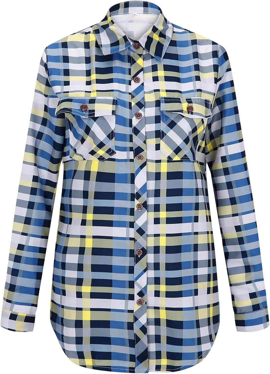 Womens Fashion Shirts Plaid Color Block Lapel Collar Roll Up Long Sleeve Button Cardigan Loose Fit Work Party Blouse