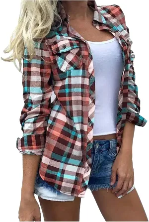 Womens Fashion Shirts Plaid Color Block Lapel Collar Roll Up Long Sleeve Button Cardigan Loose Fit Work Party Blouse