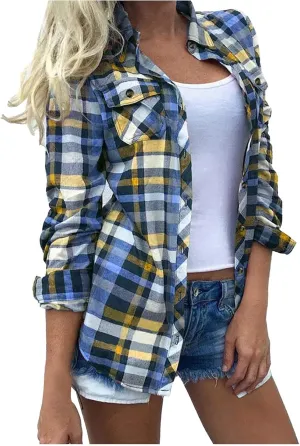 Womens Fashion Shirts Plaid Color Block Lapel Collar Roll Up Long Sleeve Button Cardigan Loose Fit Work Party Blouse