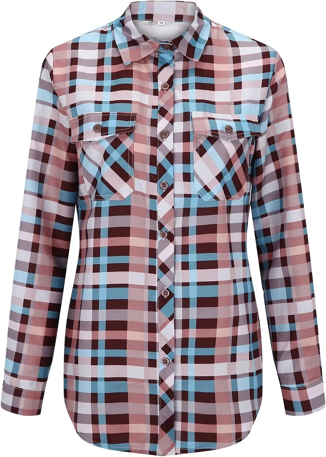 Womens Fashion Shirts Plaid Color Block Lapel Collar Roll Up Long Sleeve Button Cardigan Loose Fit Work Party Blouse