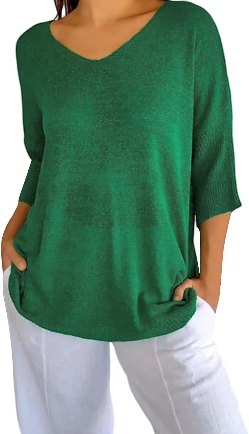 Womens Fashion Sweaters Loose V Neck 3/4 Length Sleeve Pullover Knitted Shirts Fall Solid Color Slouchy Crochet Tops