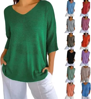 Womens Fashion Sweaters Loose V Neck 3/4 Length Sleeve Pullover Knitted Shirts Fall Solid Color Slouchy Crochet Tops