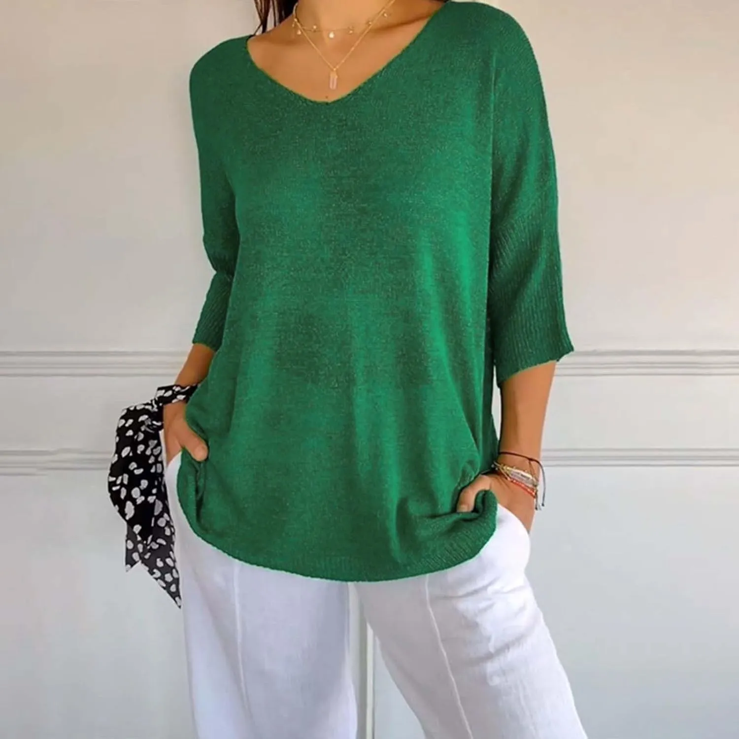 Womens Fashion Sweaters Loose V Neck 3/4 Length Sleeve Pullover Knitted Shirts Fall Solid Color Slouchy Crochet Tops