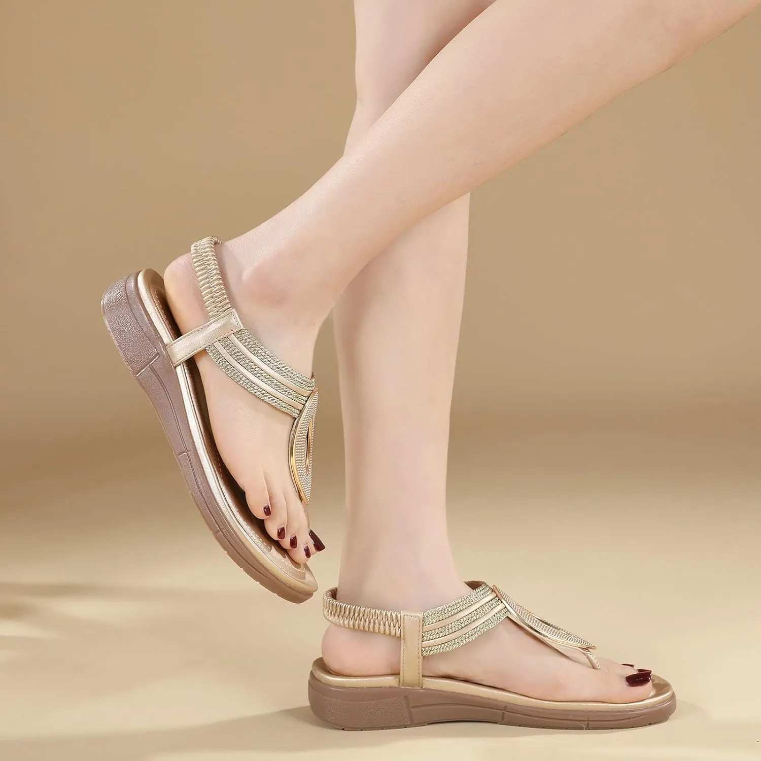 Womens Flip Flops Dressy Boho Flat Sandals Summer Flower Sandals Elastic Ankle Strap Sandals Casual Walking Shoes