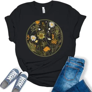 Womens Floral Shirts Trendy Wildflower Vintage Graphic Tees Butterfly Short Sleeve T Shirts Bella Summer Tops