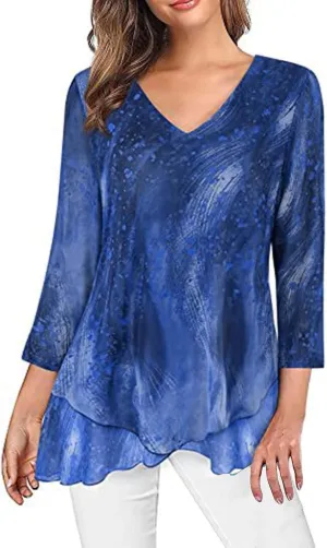 Womens Gauze T Shirts Summer Casual V Neck Long Sleeve Irregular Hem Mesh Sheer Tops Floral Print Boho Holiday Blouse
