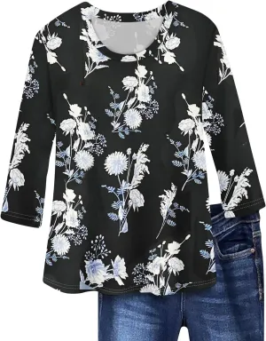 Womens Hawaiian Shirts 3/4 Length Sleeve Tops Trendy Summer Crewneck Shirts Comfy Print Casual Blouses Graphic Tees