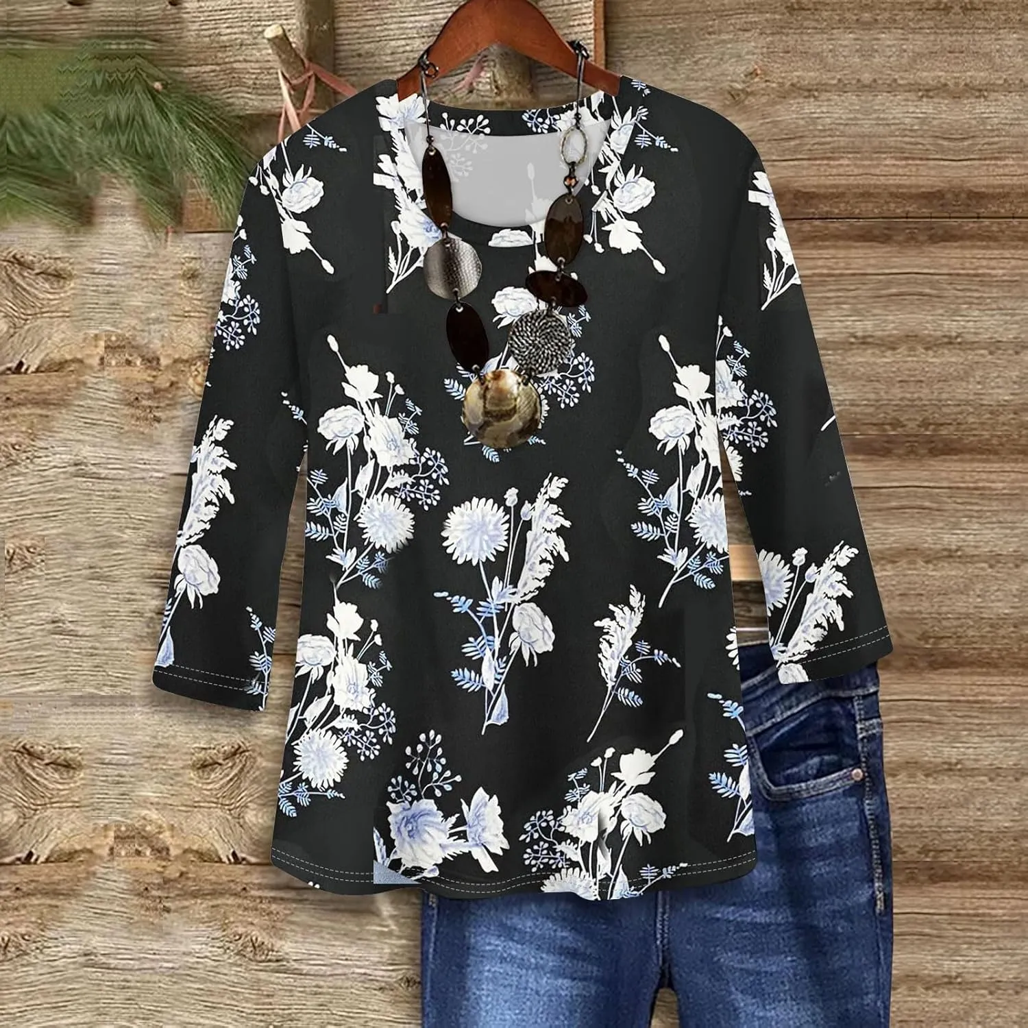 Womens Hawaiian Shirts 3/4 Length Sleeve Tops Trendy Summer Crewneck Shirts Comfy Print Casual Blouses Graphic Tees