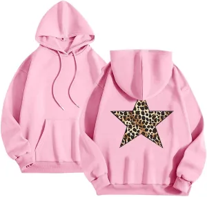 Women's Hoodies Oversized Sweatshirts Long Sleeve Y2k Leopard Star Print Pullover Tops Fall Winter Top with Pocket