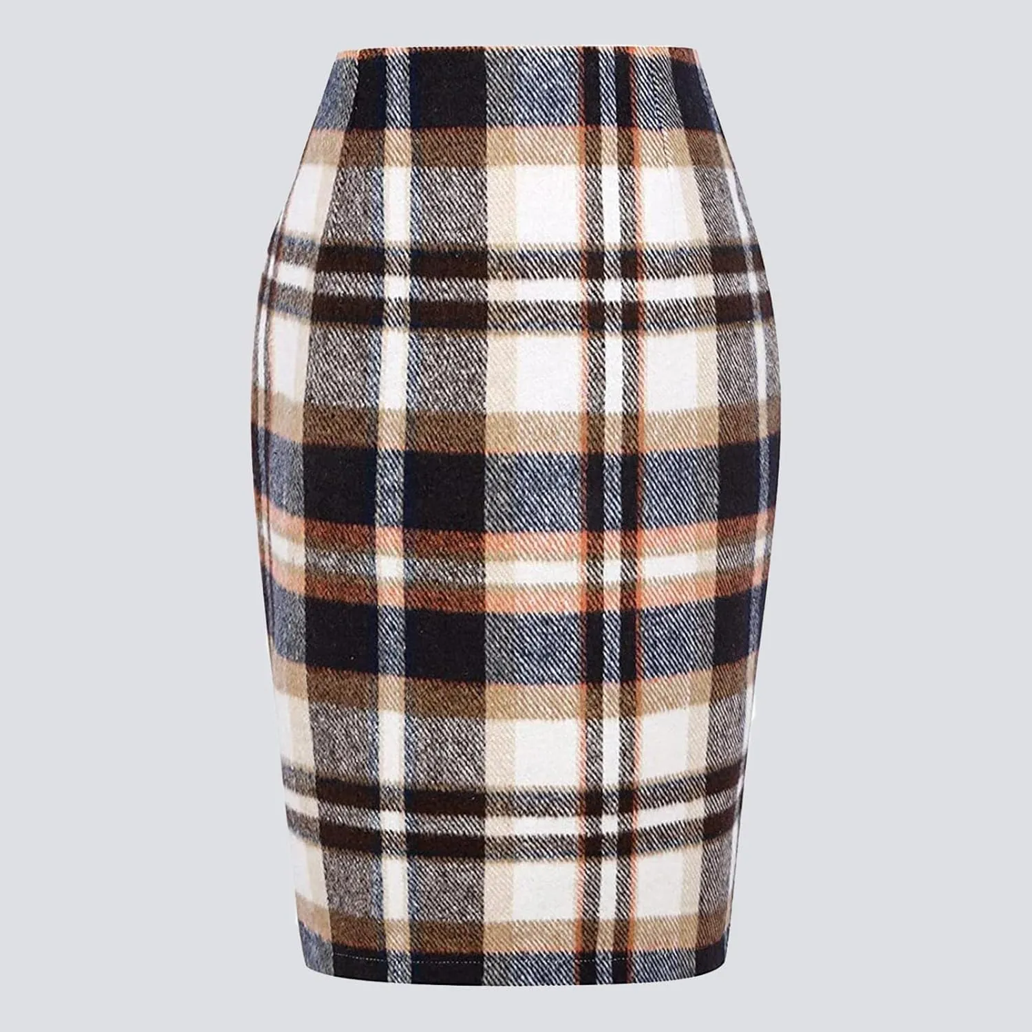 Womens Knee Length Plaid Skirts Elastic Waist Stretchy Bodycon Business Tweed Pencil Skirt